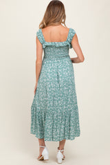 Light Olive Floral Smocked Ruffle Detail Maternity Midi Dress