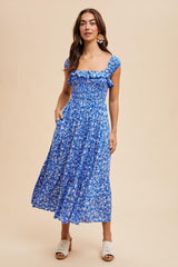 Royal Blue Floral Smocked Ruffle Detail Midi Dress