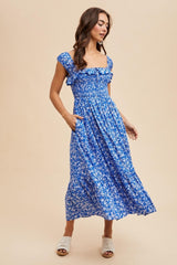 Royal Blue Floral Smocked Ruffle Detail Midi Dress