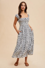 White Floral Smocked Ruffle Detail Midi Dress