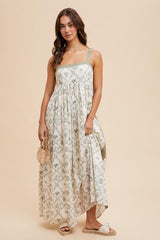 Light Olive Floral Sleeveless Side Panel Maxi Dress