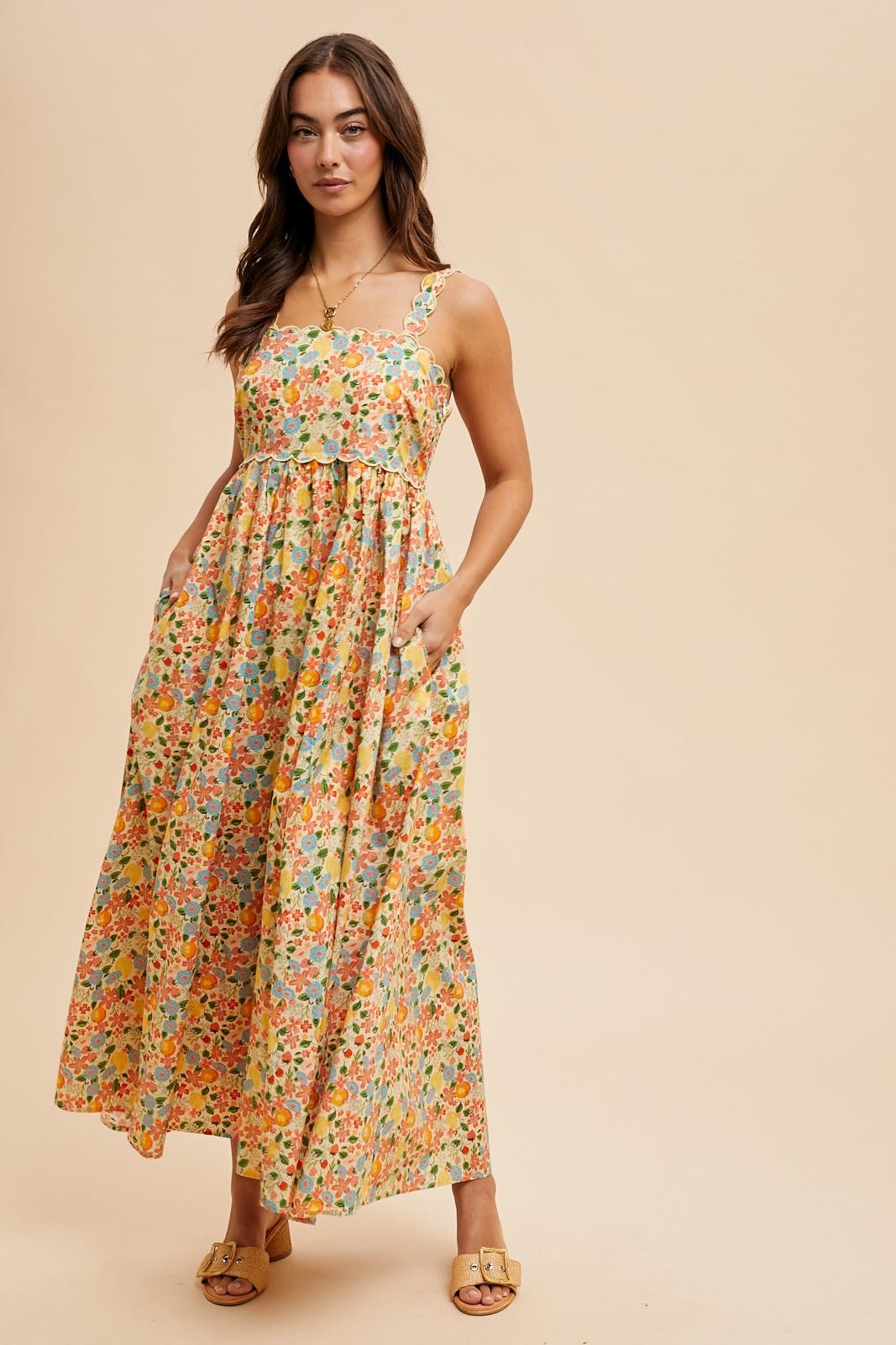 Yellow Floral Scallop Detail Sleeveless Maternity Maxi Dress