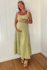 Light Olive Embroidered Smocked Shoulder Tie Maternity Maxi Dress