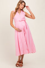 Light Pink Sleeveless Linen Blend Maternity Midi Shirt Dress