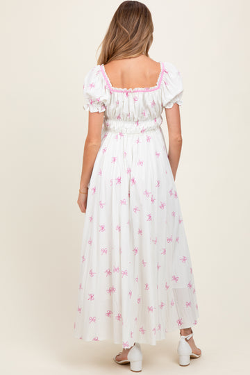 Ivory Bow Print Shirred Bodice Puff Sleeve Maternity Dress