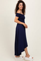 Navy Smocked Off The Shoulder Midi Dress