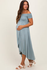 Light Olive Smocked Off The Shoulder Maternity Midi Dress