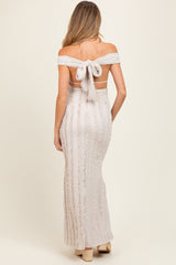 Cream Ruffle Texture Convertible Backless Maternity Maxi Dress