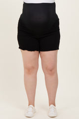 Black Cut Fringe Hem Maternity Plus Jean Shorts