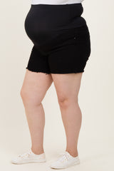 Black Cut Fringe Hem Maternity Plus Jean Shorts