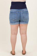 Blue Raw Cut Hem Cuffed Maternity Plus Jean Shorts