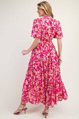 Fuchsia Button Ruffle Detail Maxi Dress