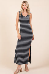 Black Striped Ribbed Sleeveless Side Slit Maxi Dress