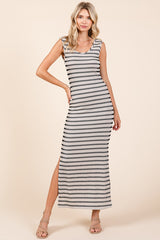 Ivory Striped Ribbed Sleeveless Side Slit Maternity Maxi Dress