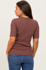 Mocha Ribbed Mock Neck Knit Maternity Short Sleeve Top