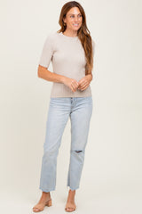 Cream Ribbed Mock Neck Knit Short Sleeve Top