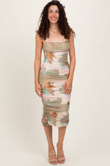 Light Olive Abstract Print Lace Up Back Ruched Maternity Midi Dress