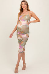 Light Olive Abstract Print Lace Up Back Ruched Maternity Midi Dress