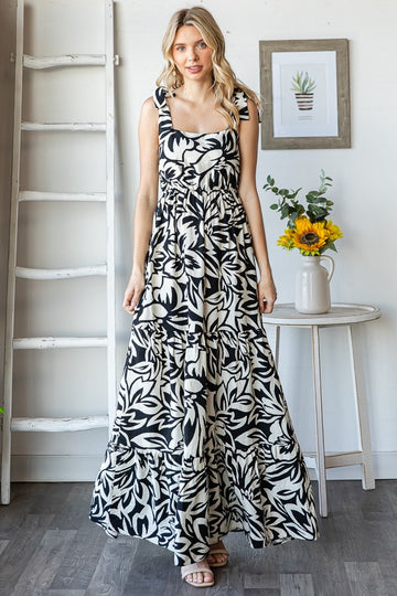 Black Floral Shoulder Tie Tiered Maxi Dress