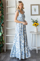 Blue Floral Shoulder Tie Tiered Maxi Dress
