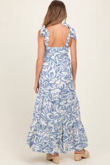 Blue Floral Shoulder Tie Tiered Maternity Maxi Dress