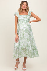 Light Olive Floral Ruffle Strap Pleated Bodice Maternity Midi Dress