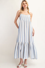 Blue Wide Stripe Linen Blend Sleeveless Maxi Dress