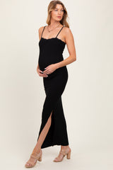 Black Lace Trim Side Slit Maternity Maxi Dress