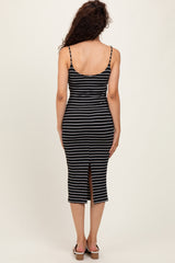 Black Striped Bow Detail Fitted Midi Dress