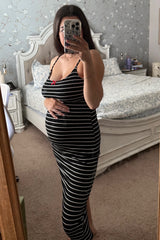 Black Striped Bow Detail Fitted Maternity Midi Dress