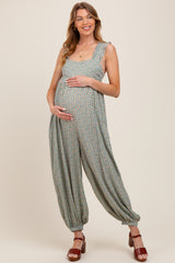 Green Floral Ruffle Strap Barrel Leg Maternity Jumpsuit
