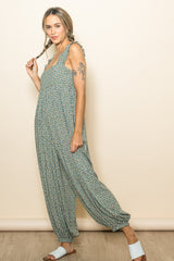 Green Floral Ruffle Strap Barrel Leg Jumpsuit