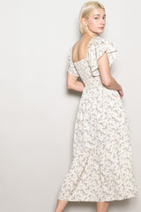 Ivory Floral Smocked Flutter Sleeve Midi Dress