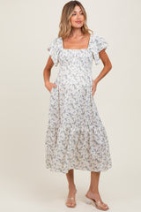 Ivory Floral Smocked Flutter Sleeve Maternity Midi Dress