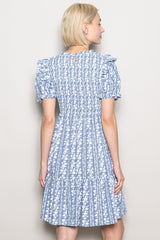 Blue Floral Smocked Ruffle Accent Dress