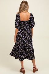 Black Floral Pleated Bodice 3/4 Sleeve Maternity Midi Dress