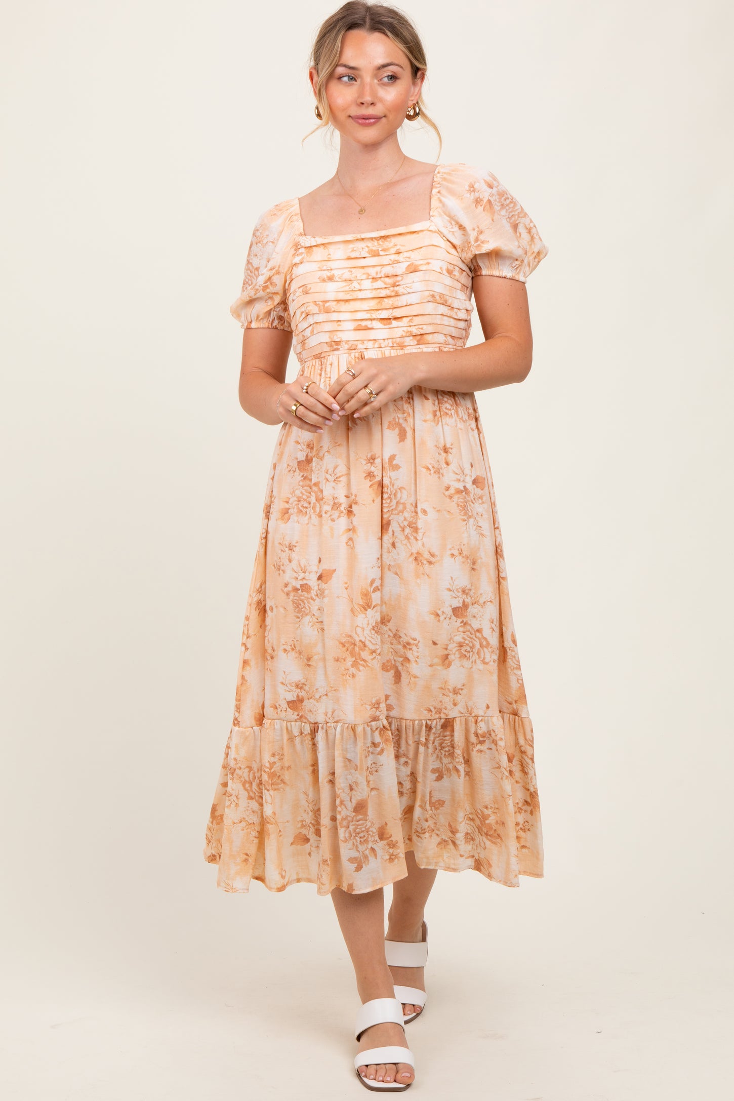 Peach Floral Pleated Bust Puff Sleeve Maternity Midi Dress