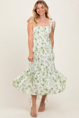 Olive Floral Shoulder Tie Tiered Maternity Midi Dress