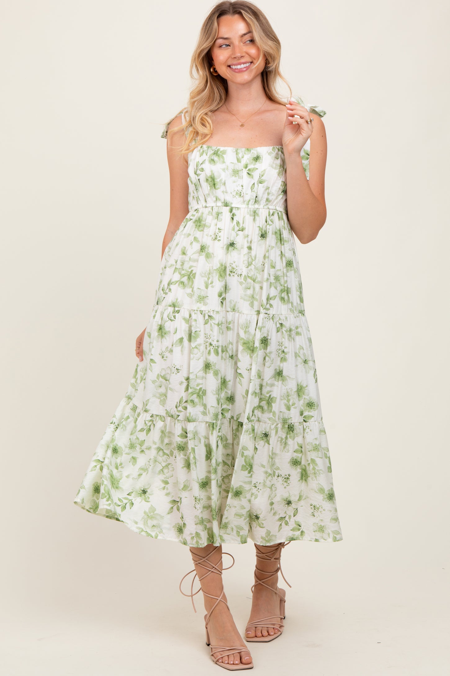 Olive Floral Shoulder Tie Tiered Midi Dress