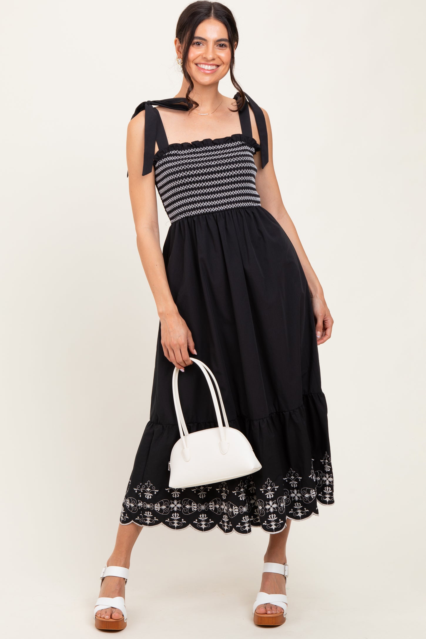 Black Smocked Embroidered Shoulder Tie Midi Dress