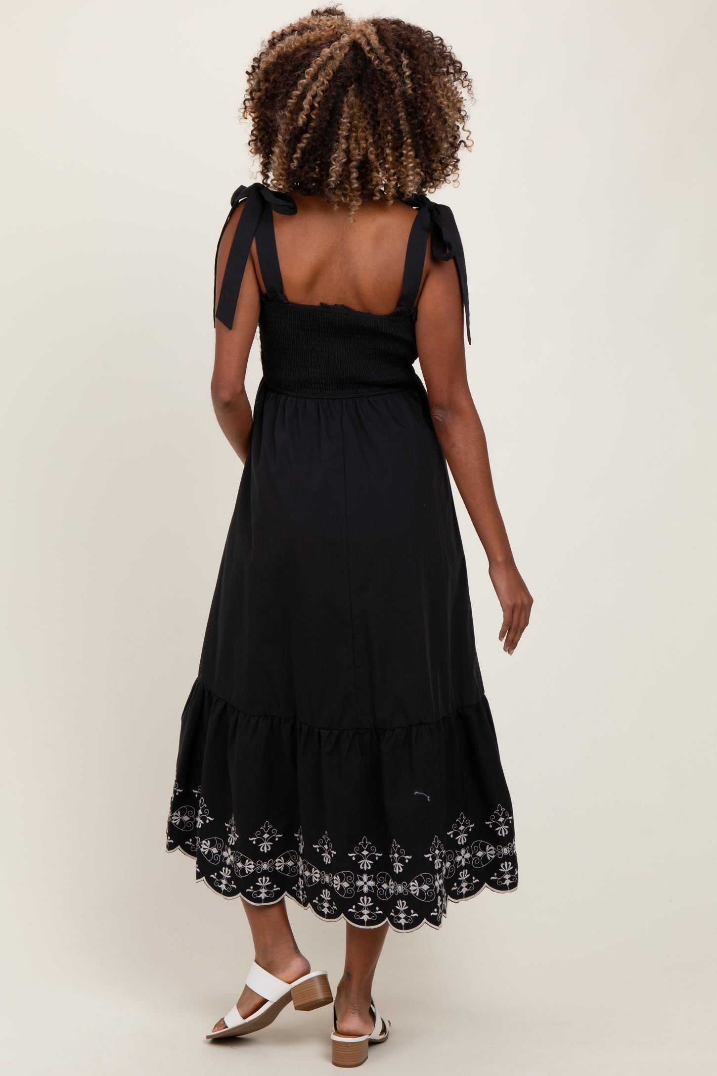 Black Smocked Embroidered Shoulder Tie Maternity Midi Dress