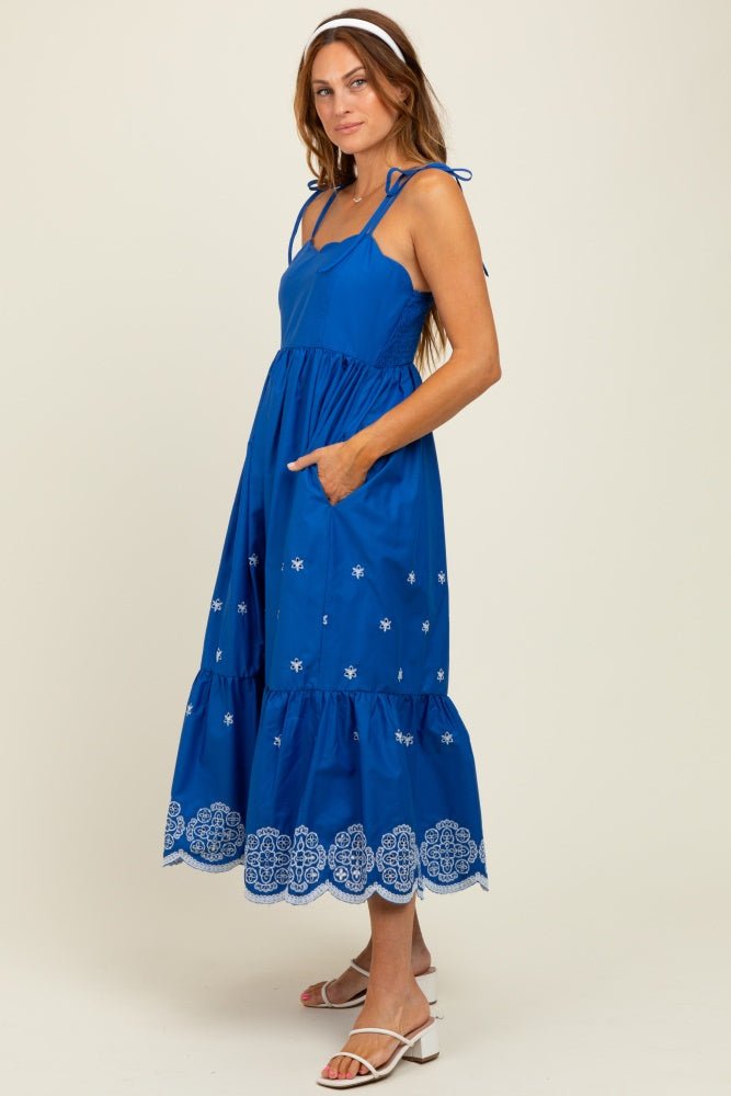 Blue Embroidered Shoulder Tie Midi Dress