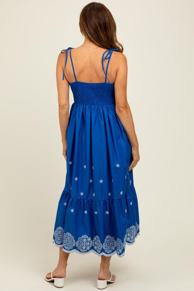 Blue Embroidered Shoulder Tie Midi Dress