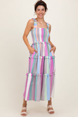 Lavender Wide Stripe Smocked Tiered Maternity Midi Dress