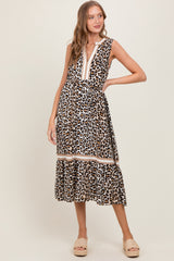 Camel Animal Print Contrast Sleeveless Midi Dress
