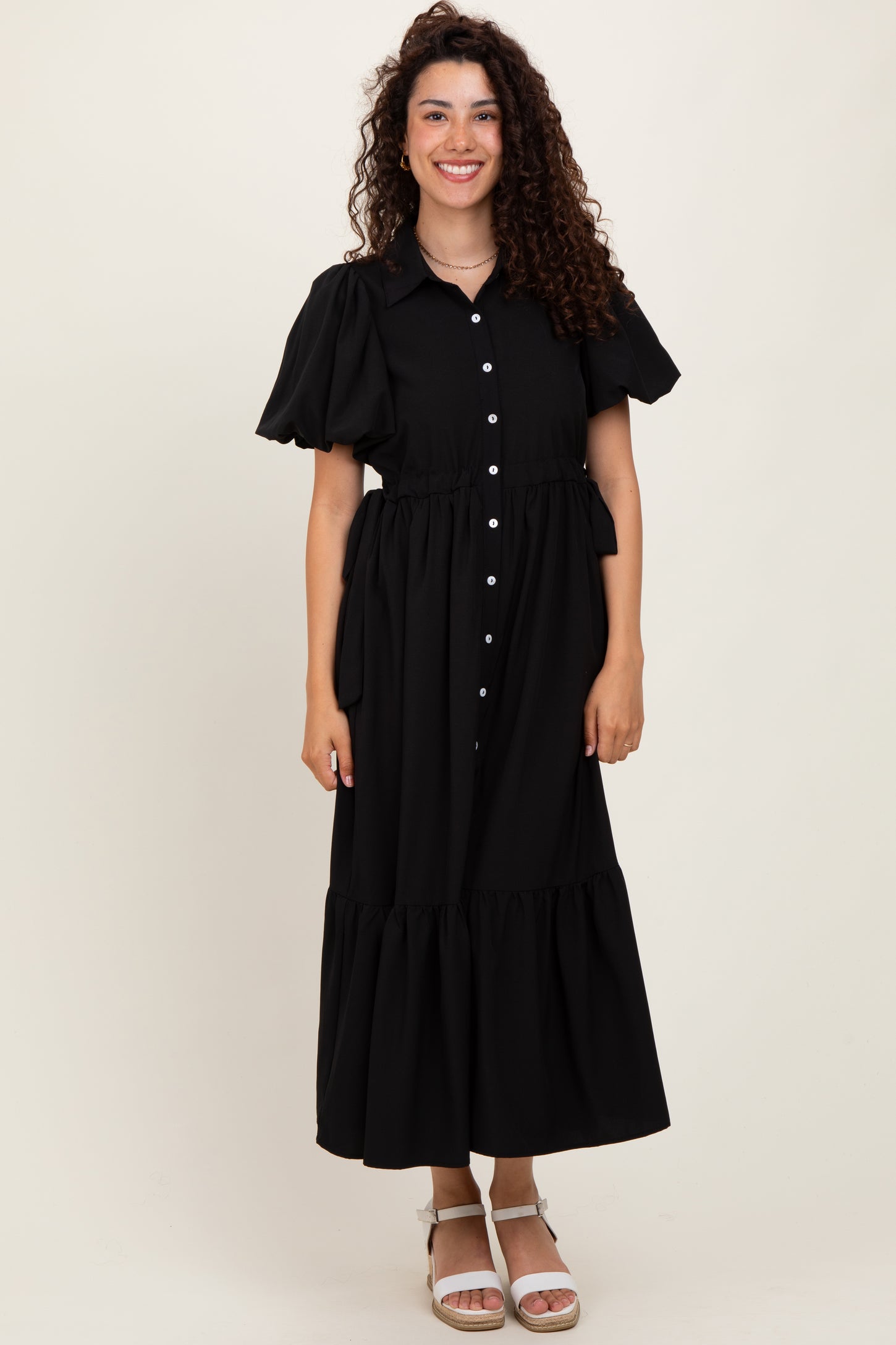 Black Puff Sleeve Side Tie Midi Shirt Dress
