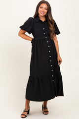 Black Puff Sleeve Side Tie Maternity Midi Shirt Dress