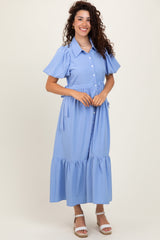 Light Blue Puff Sleeve Side Tie Midi Shirt Dress