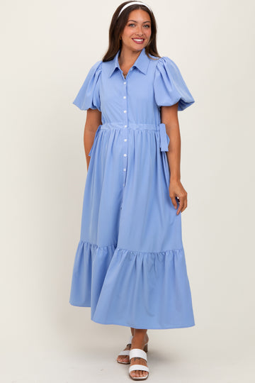 Light Blue Puff Sleeve Side Tie Maternity Midi Shirt Dress