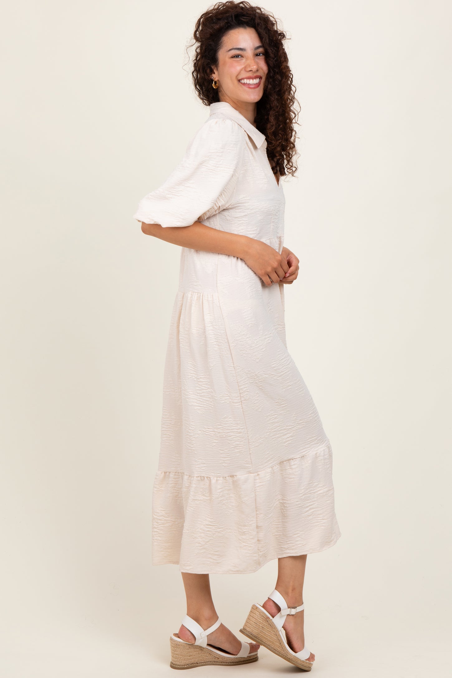 Cream Floral Applique Collared Midi Dress